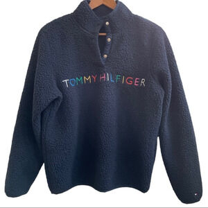 Tommy‎ Hilfiger Rainbow Logo Sherpa Quarter Snap Pullover, Navy Blue, Size Small